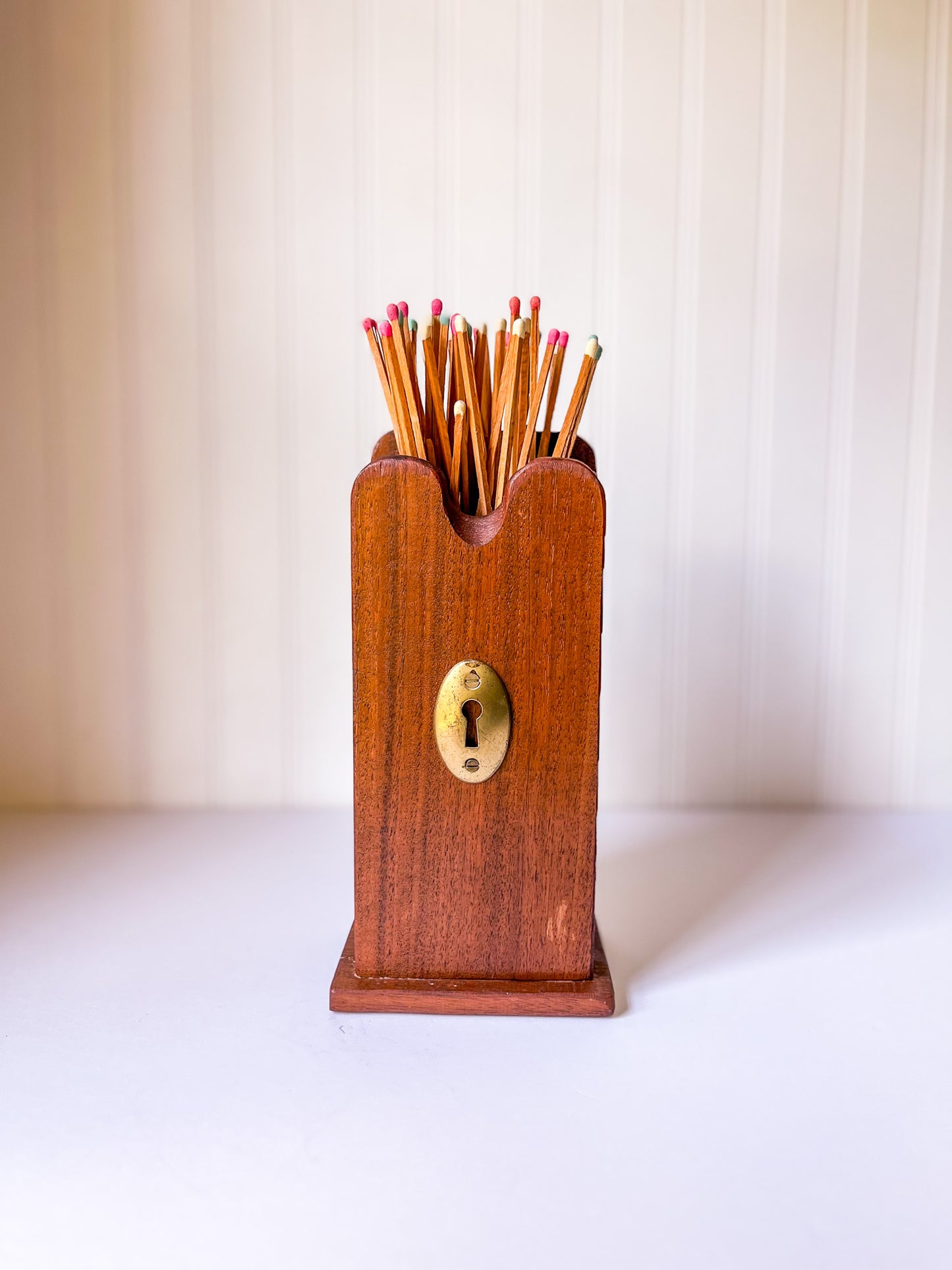Vintage Wood Fireplace Matchstick Holder with Keyhole