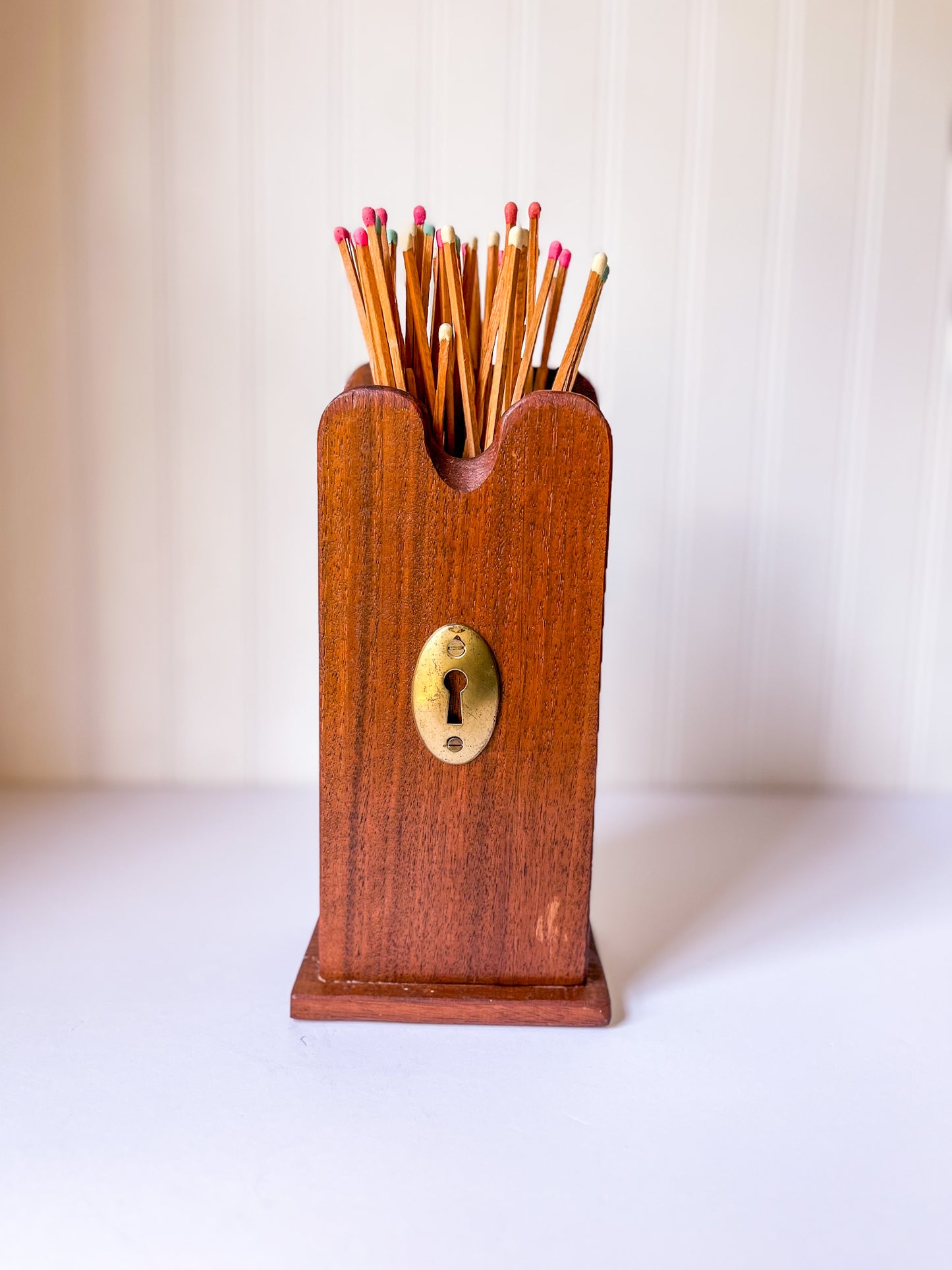 Vintage Wood Fireplace Matchstick Holder with Keyhole