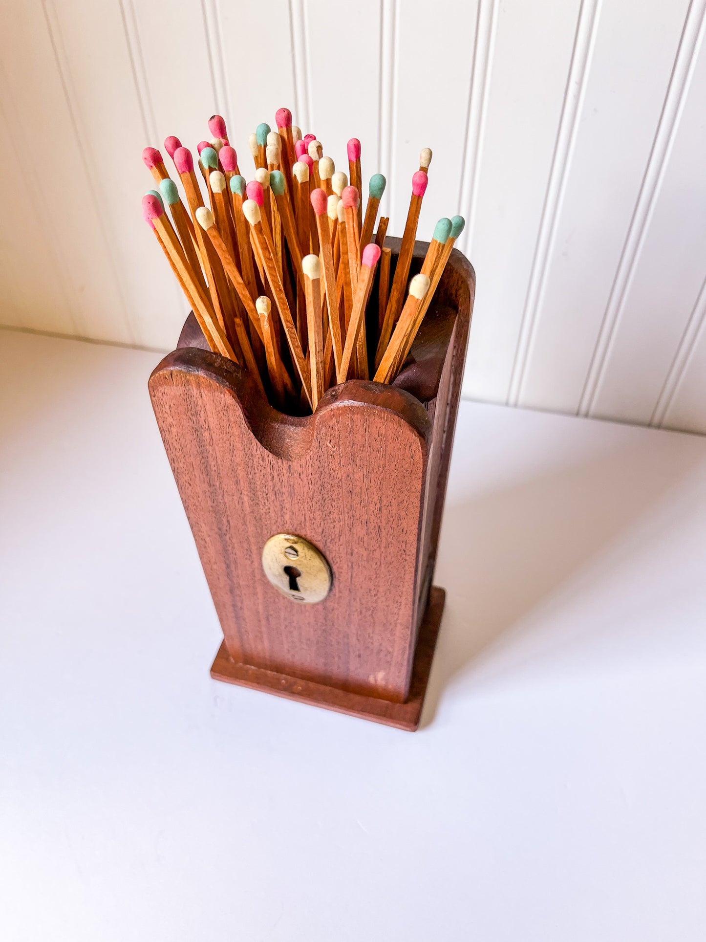 Vintage Wood Fireplace Matchstick Holder with Keyhole
