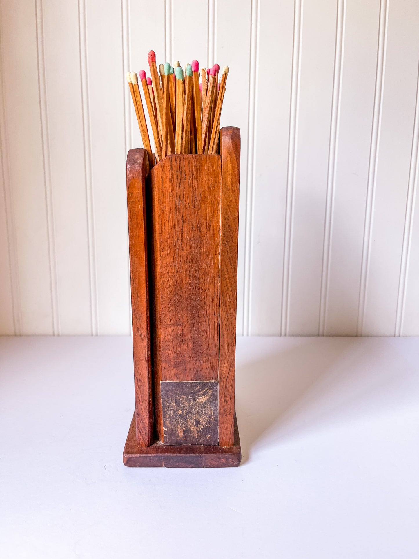 Vintage Wood Fireplace Matchstick Holder with Keyhole
