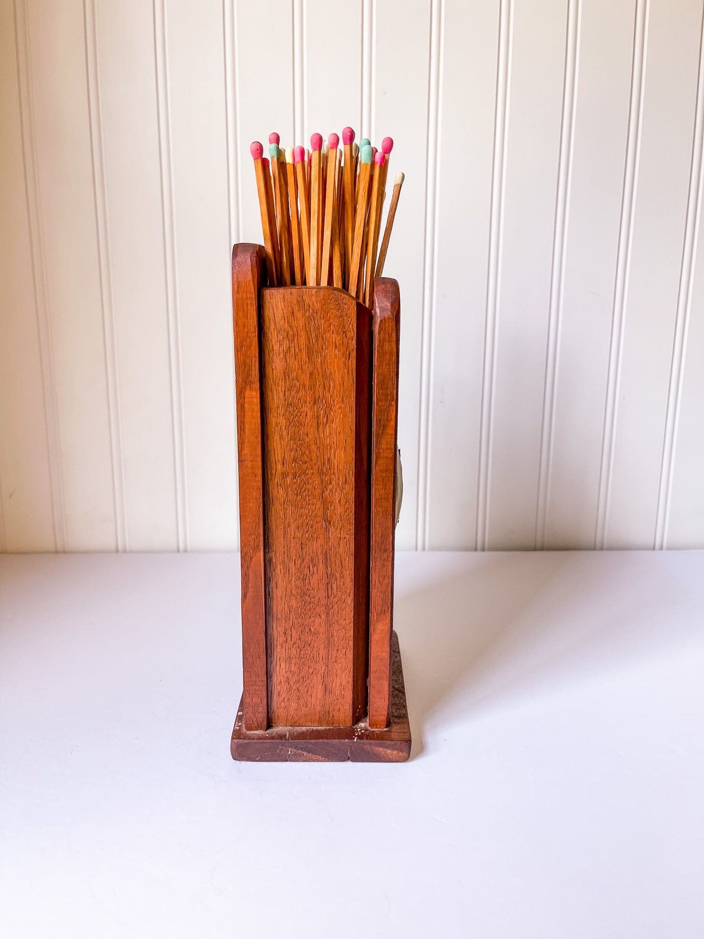 Vintage Wood Fireplace Matchstick Holder with Keyhole