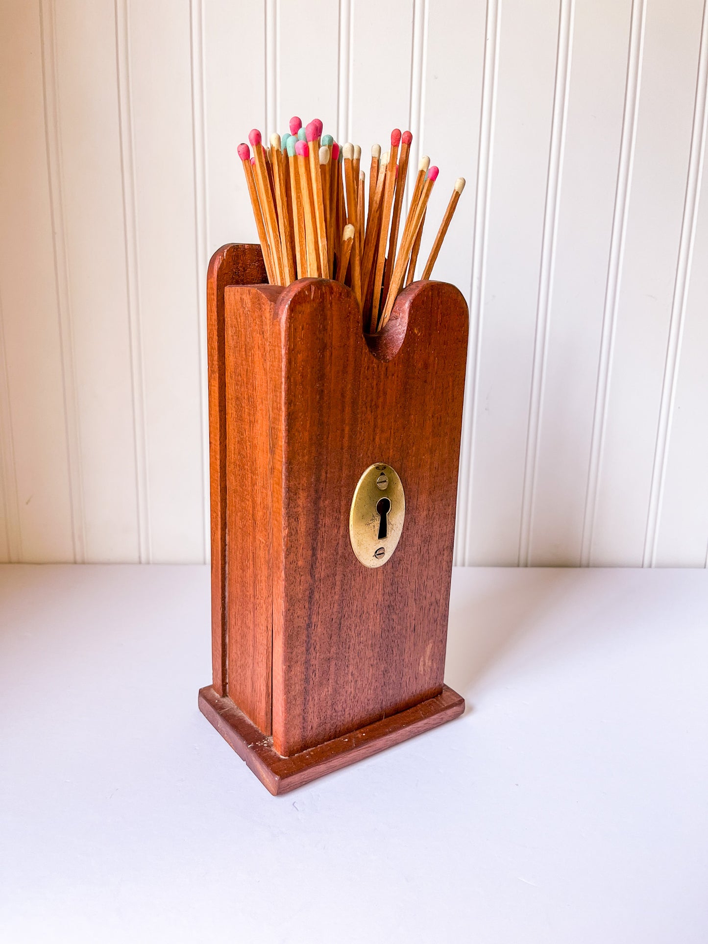 Vintage Wood Fireplace Matchstick Holder with Keyhole