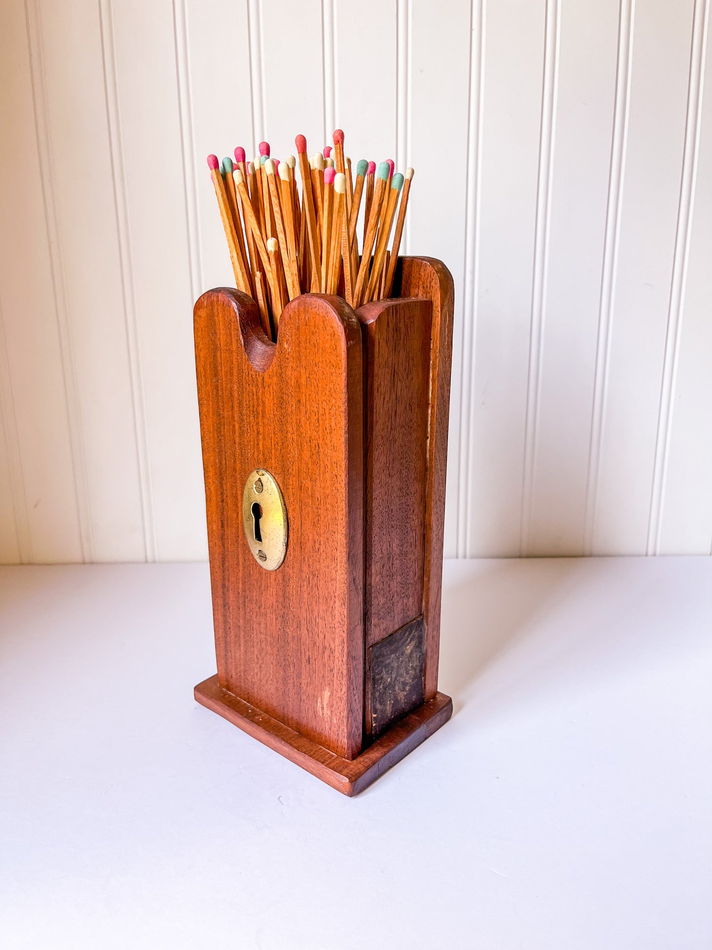 Vintage Wood Fireplace Matchstick Holder with Keyhole