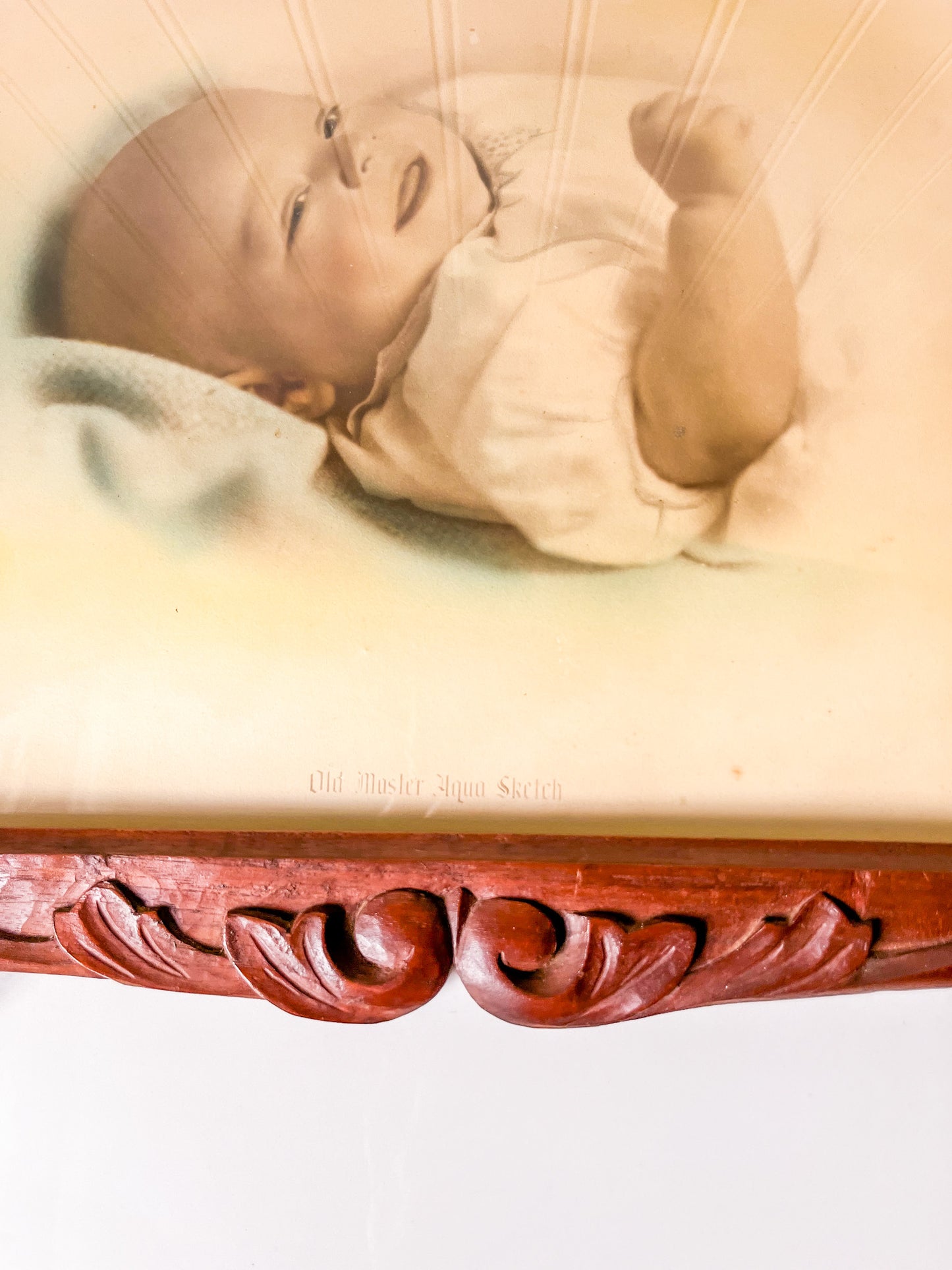 Vintage Hand Carved Floral Wood Frame with Convex Bubble Glass 1930's