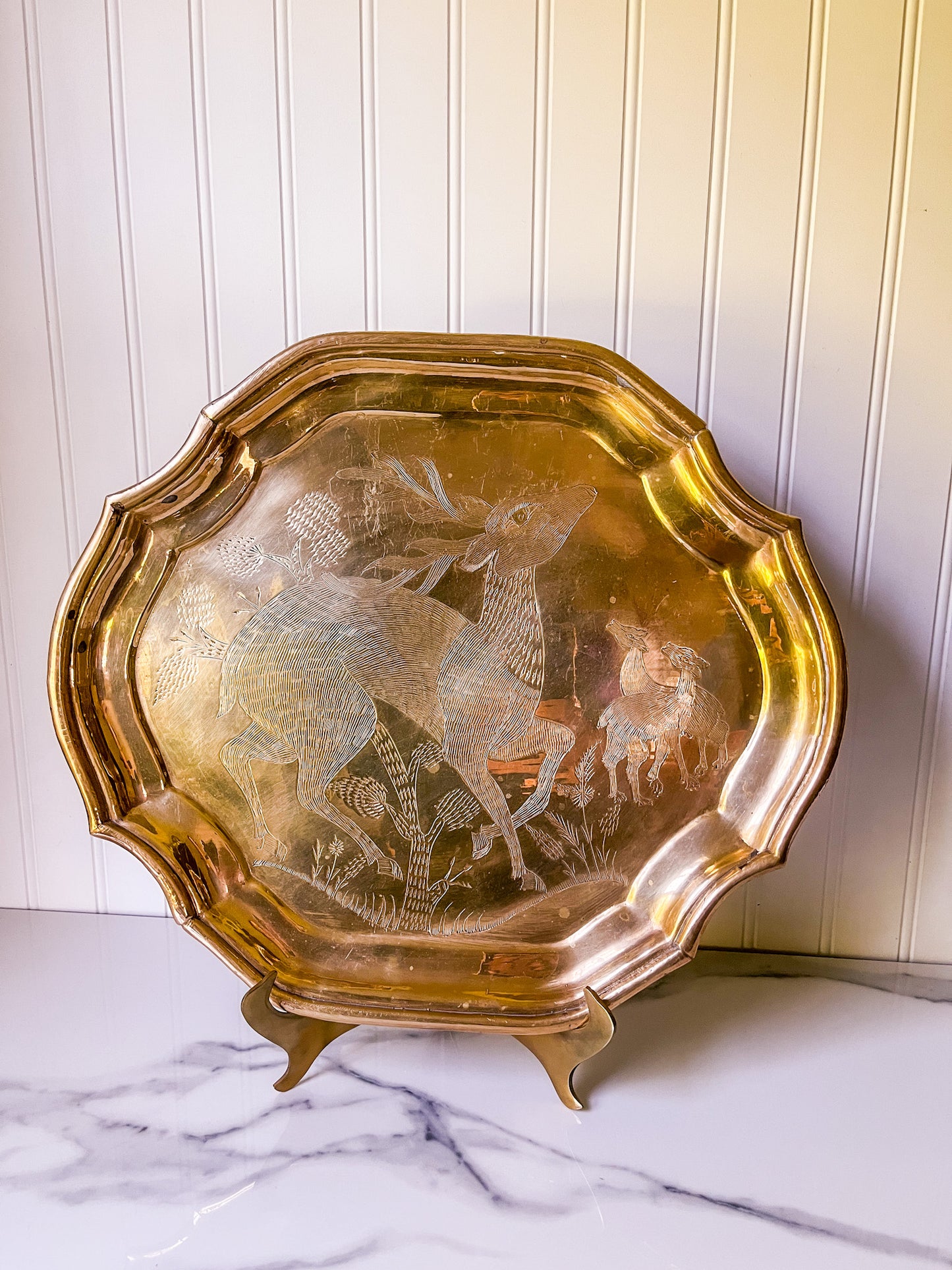 Etched Brass Tray, Deer Engraving, Decorative or Serving Platter