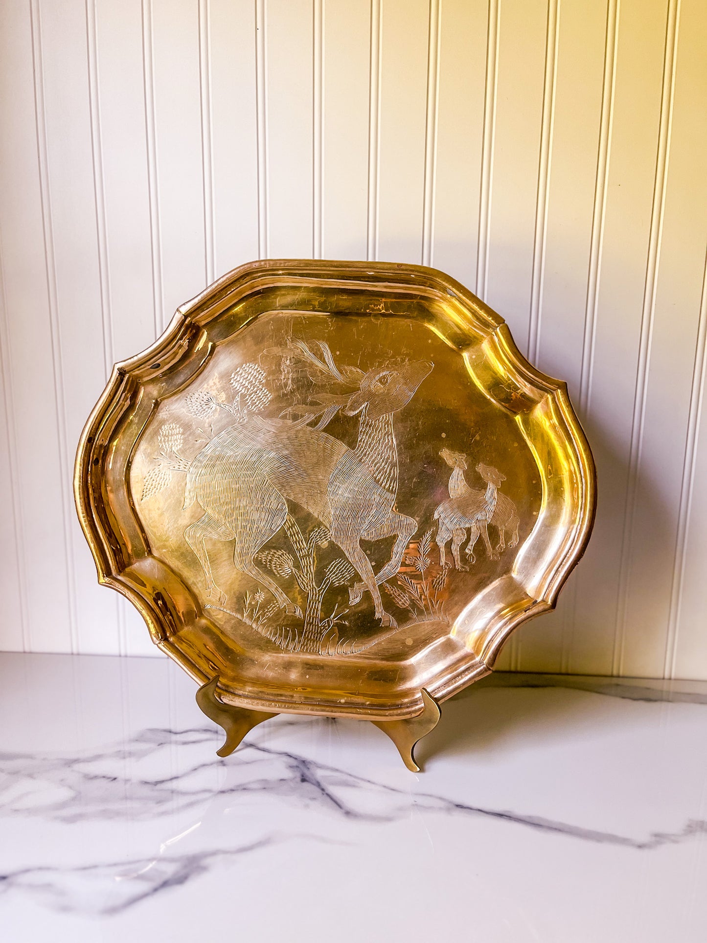 Etched Brass Tray, Deer Engraving, Decorative or Serving Platter