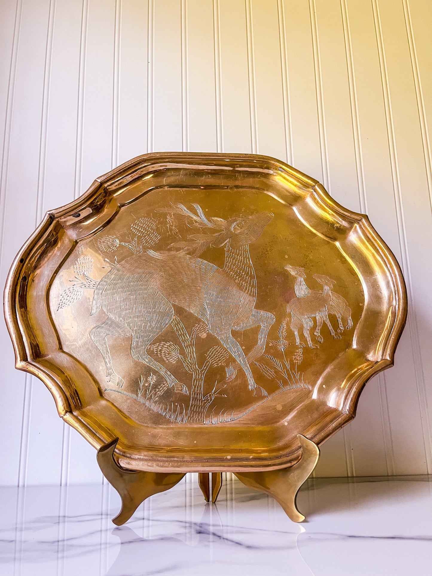 Etched Brass Tray, Deer Engraving, Decorative or Serving Platter