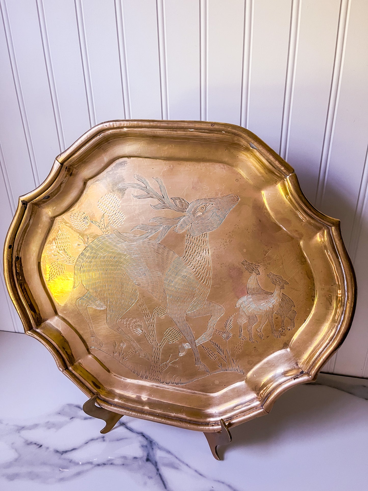 Etched Brass Tray, Deer Engraving, Decorative or Serving Platter