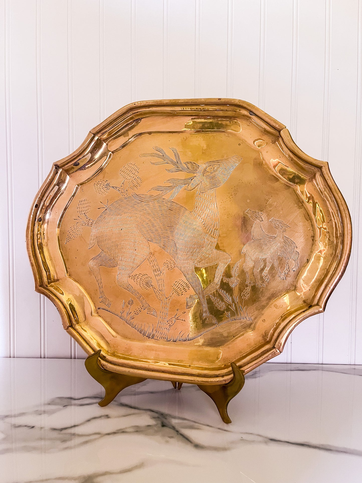 Etched Brass Tray, Deer Engraving, Decorative or Serving Platter