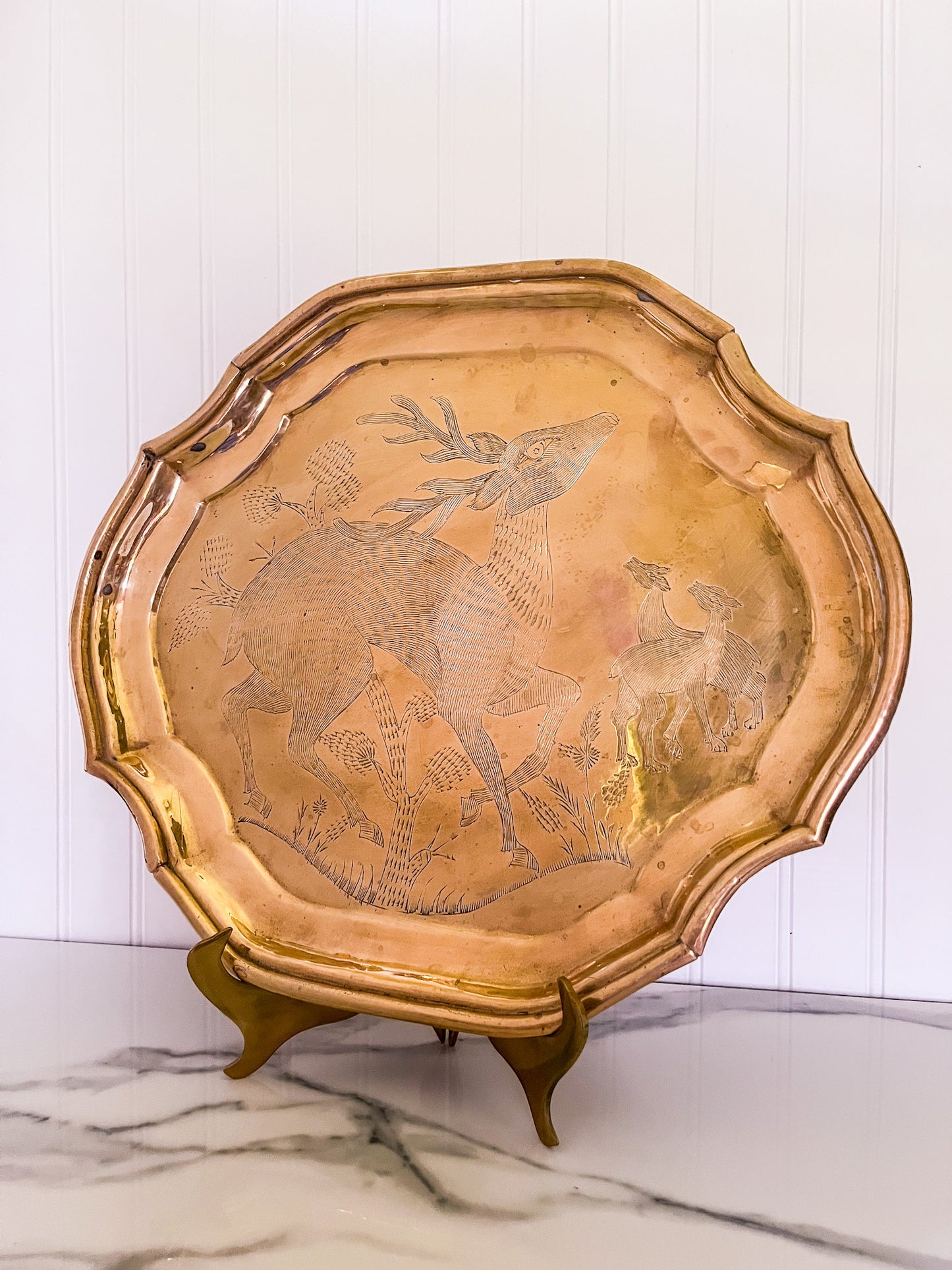 Etched Brass Tray, Deer Engraving, Decorative or Serving Platter