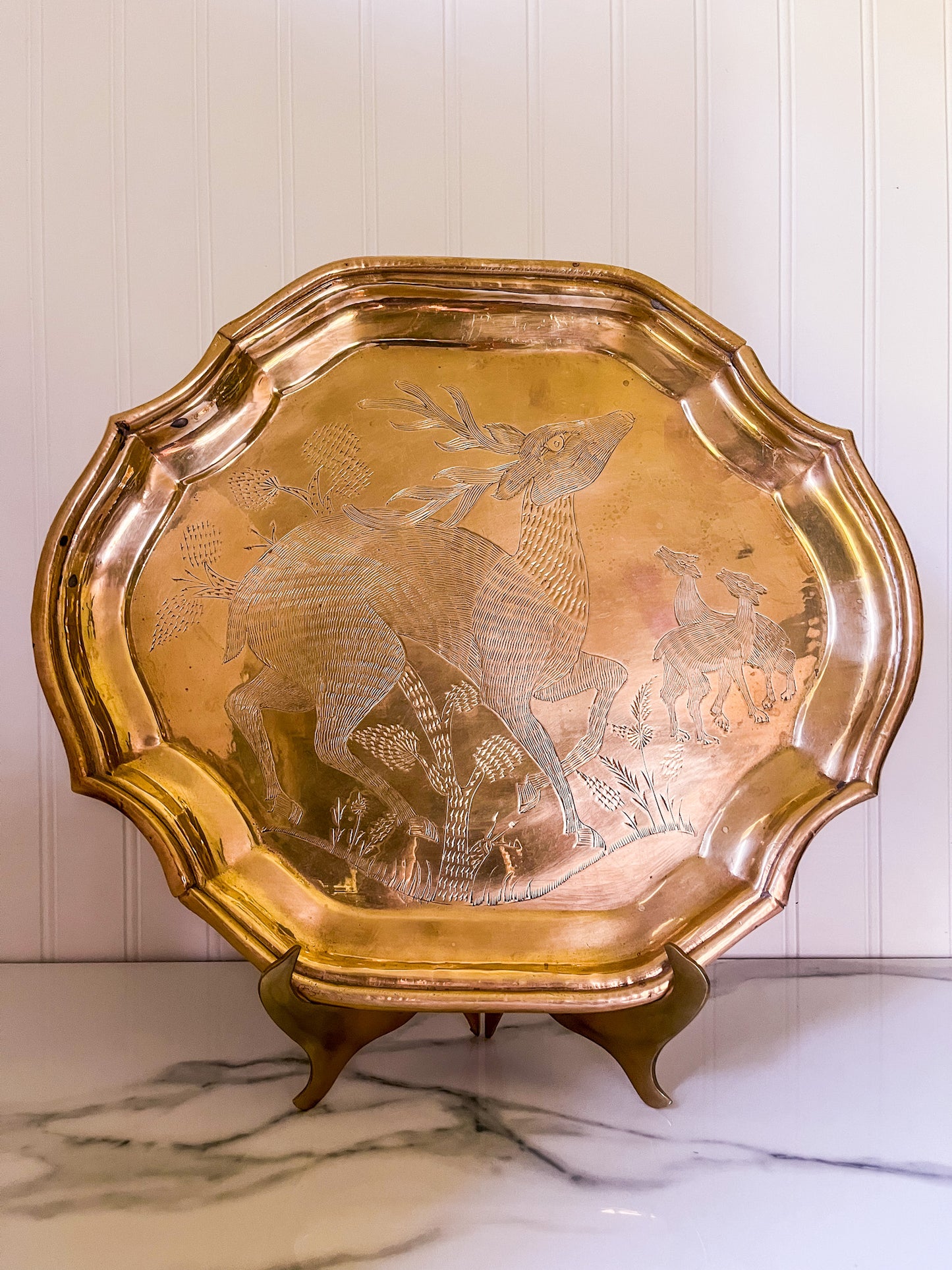 Etched Brass Tray, Deer Engraving, Decorative or Serving Platter