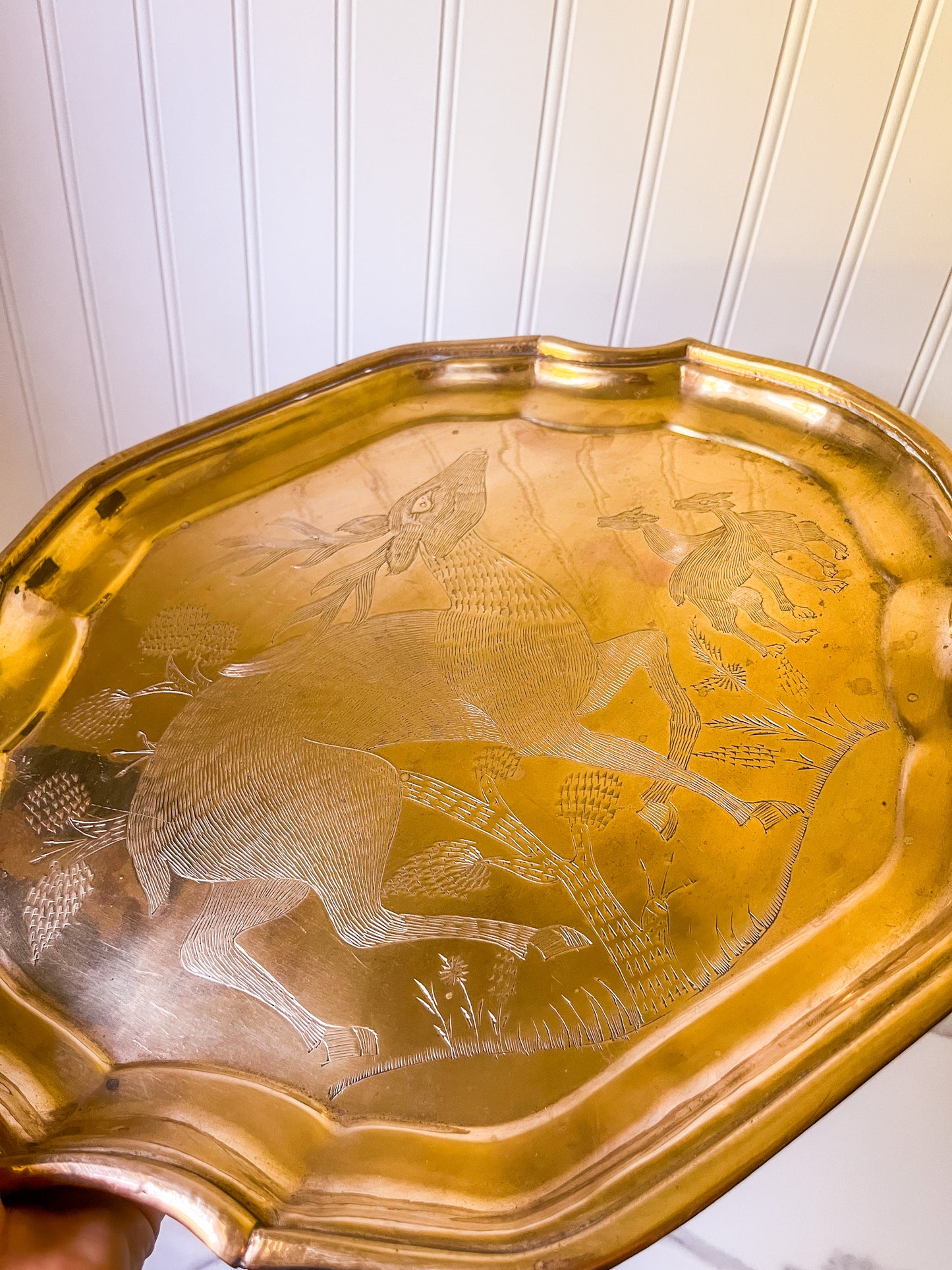 Etched Brass Tray, Deer Engraving, Decorative or Serving Platter