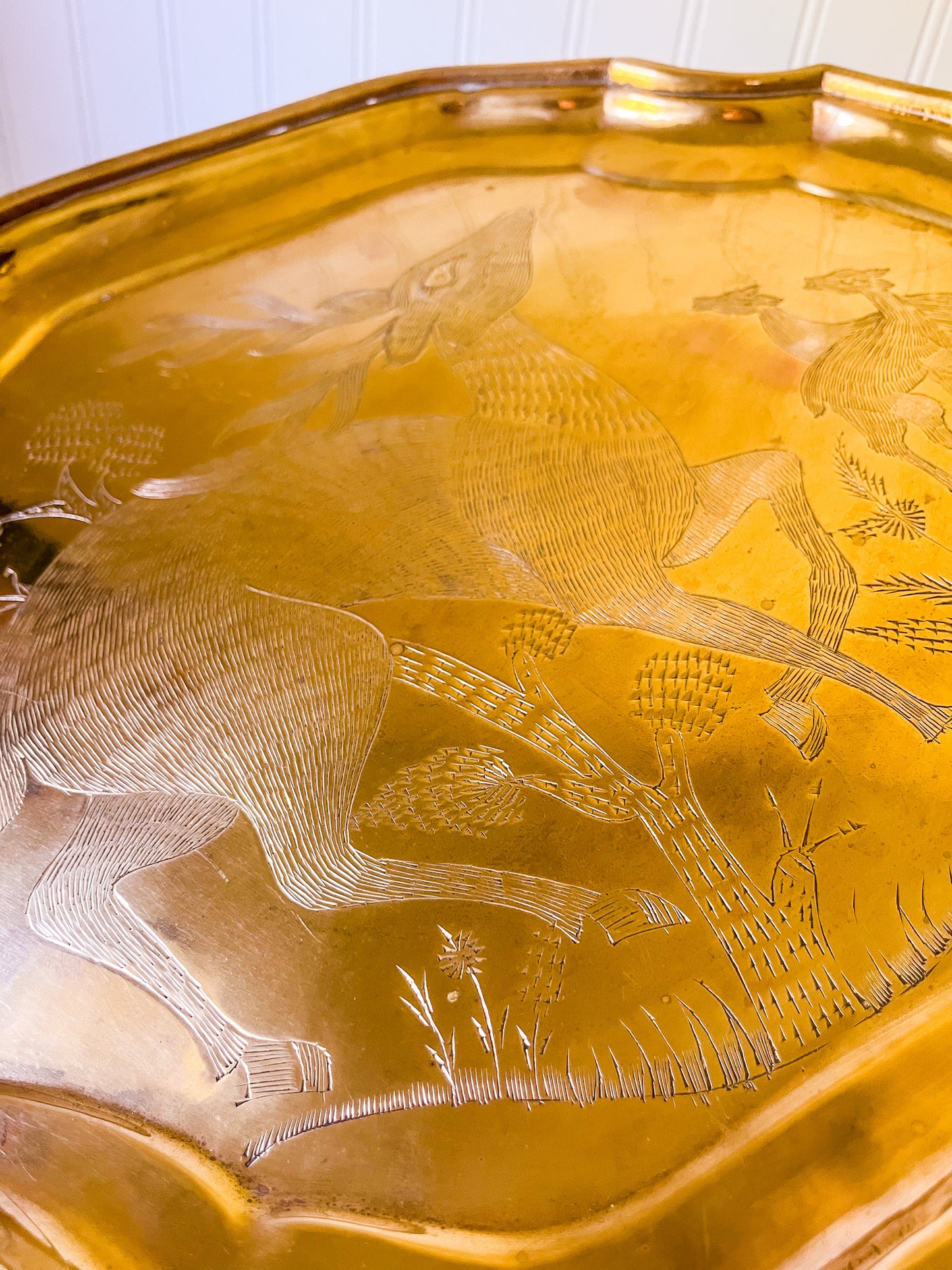 Etched Brass Tray, Deer Engraving, Decorative or Serving Platter