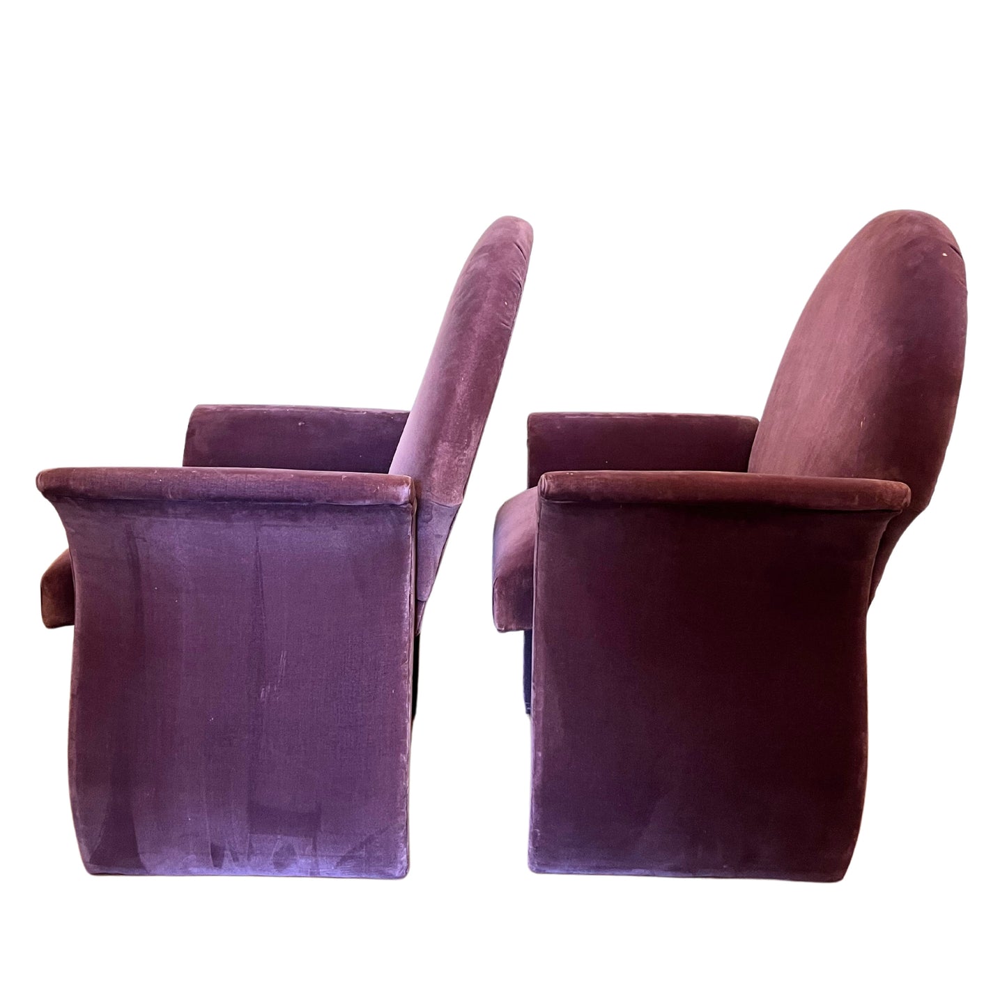 Pair of 1980s Postmodern Curved Arm Lounge Chairs, Purple Velvet