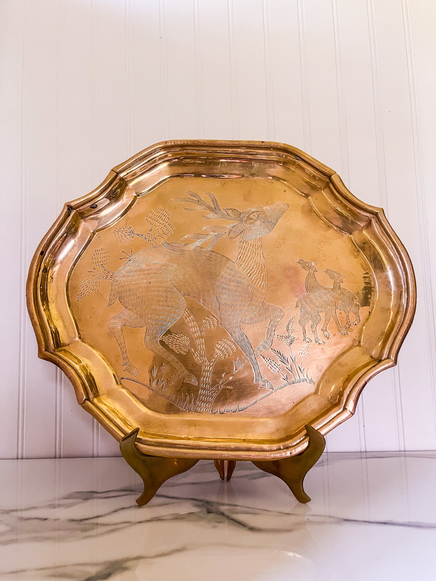 Etched Brass Tray, Deer Engraving, Decorative or Serving Platter